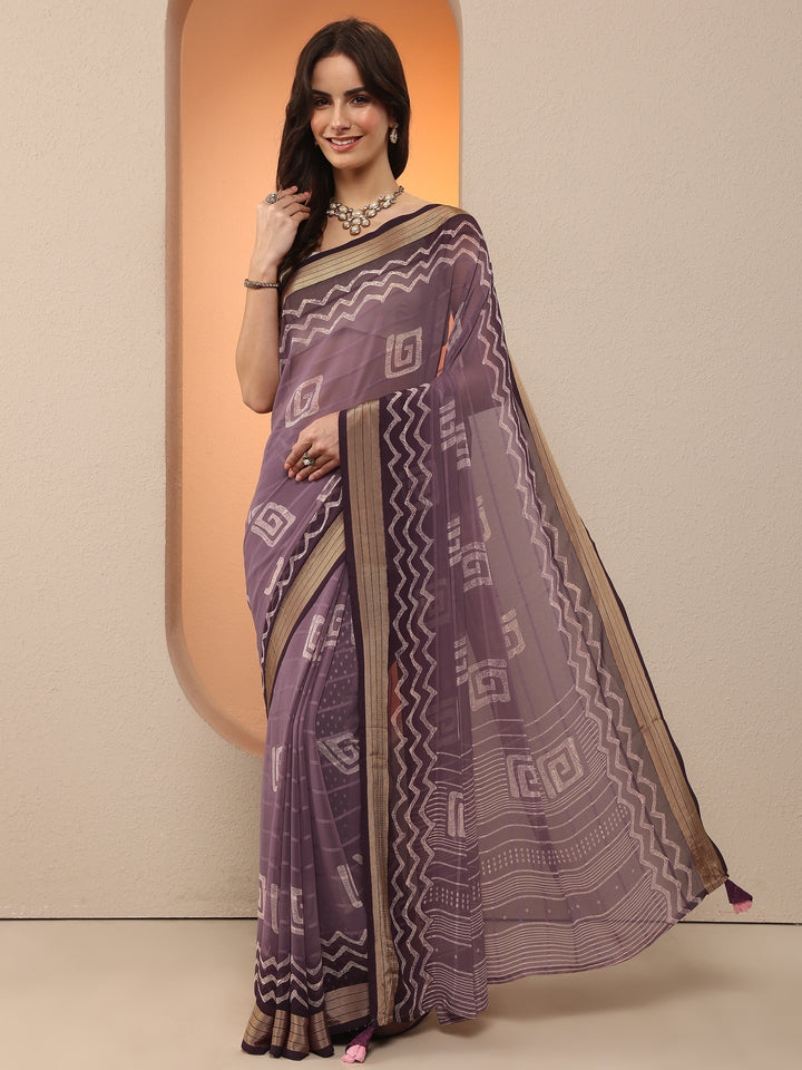 Purple Printed Georgette Saree With Unstitched Blouse Piece