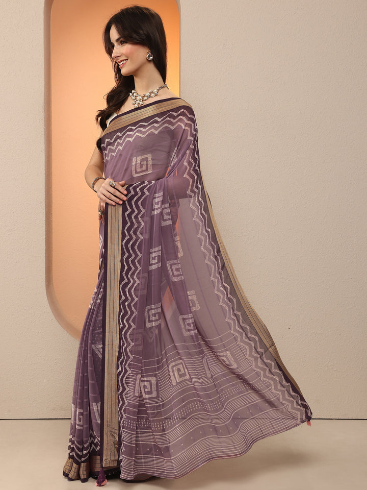 Purple Printed Georgette Saree With Unstitched Blouse Piece