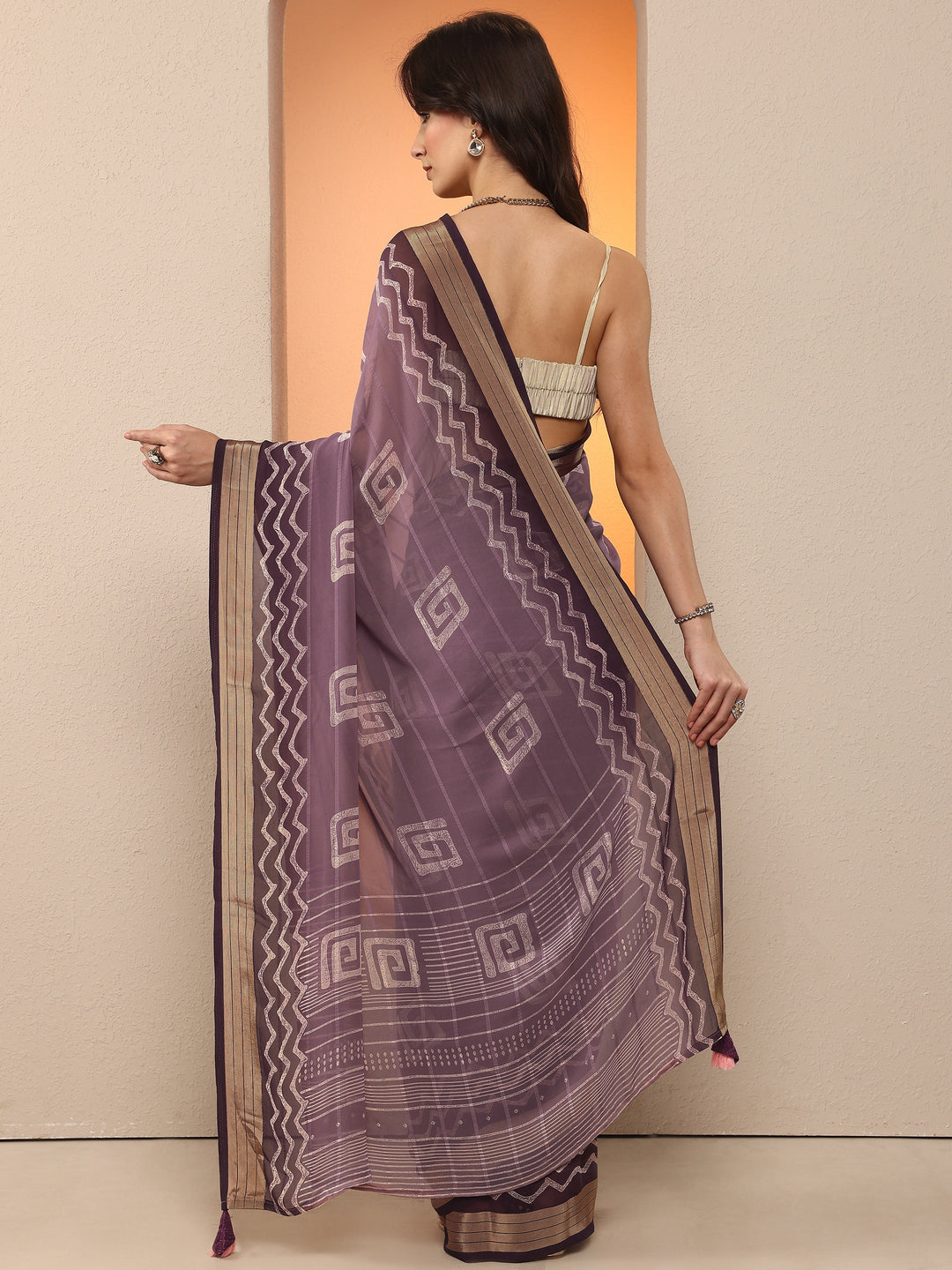 Purple Printed Georgette Saree With Unstitched Blouse Piece