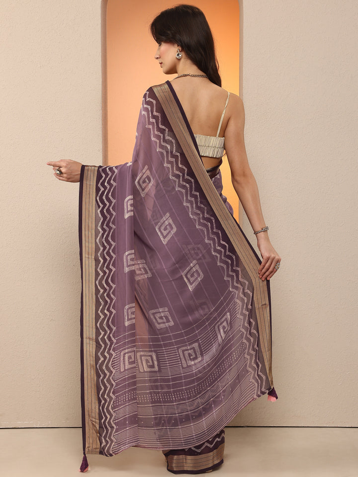 Purple Printed Georgette Saree With Unstitched Blouse Piece