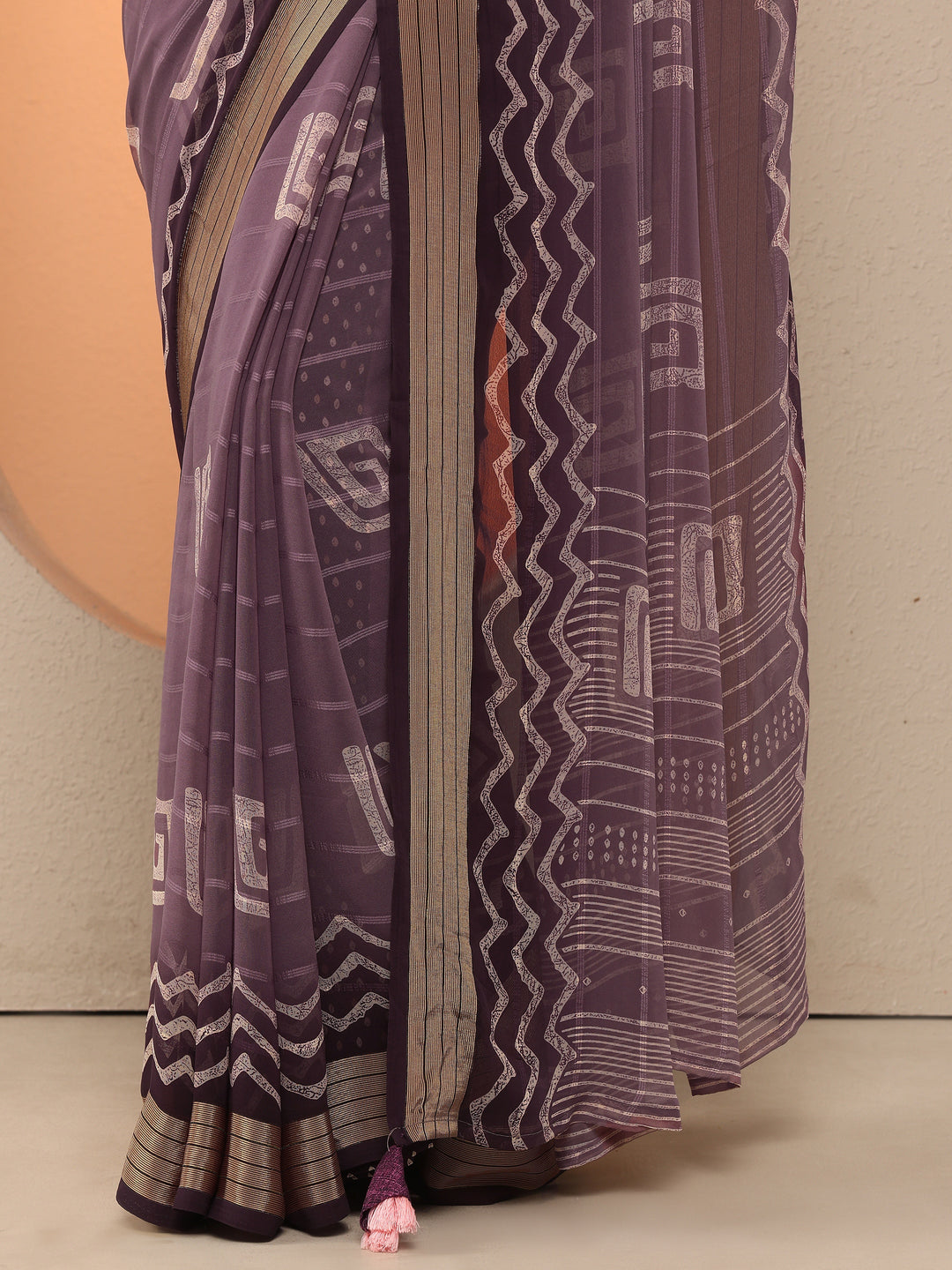 Purple Printed Georgette Saree With Unstitched Blouse Piece