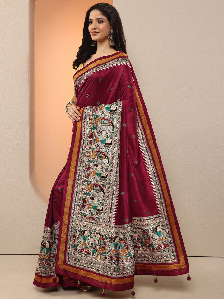 Maroon Printed Silk Blend Saree With Unstitched Blouse Piece