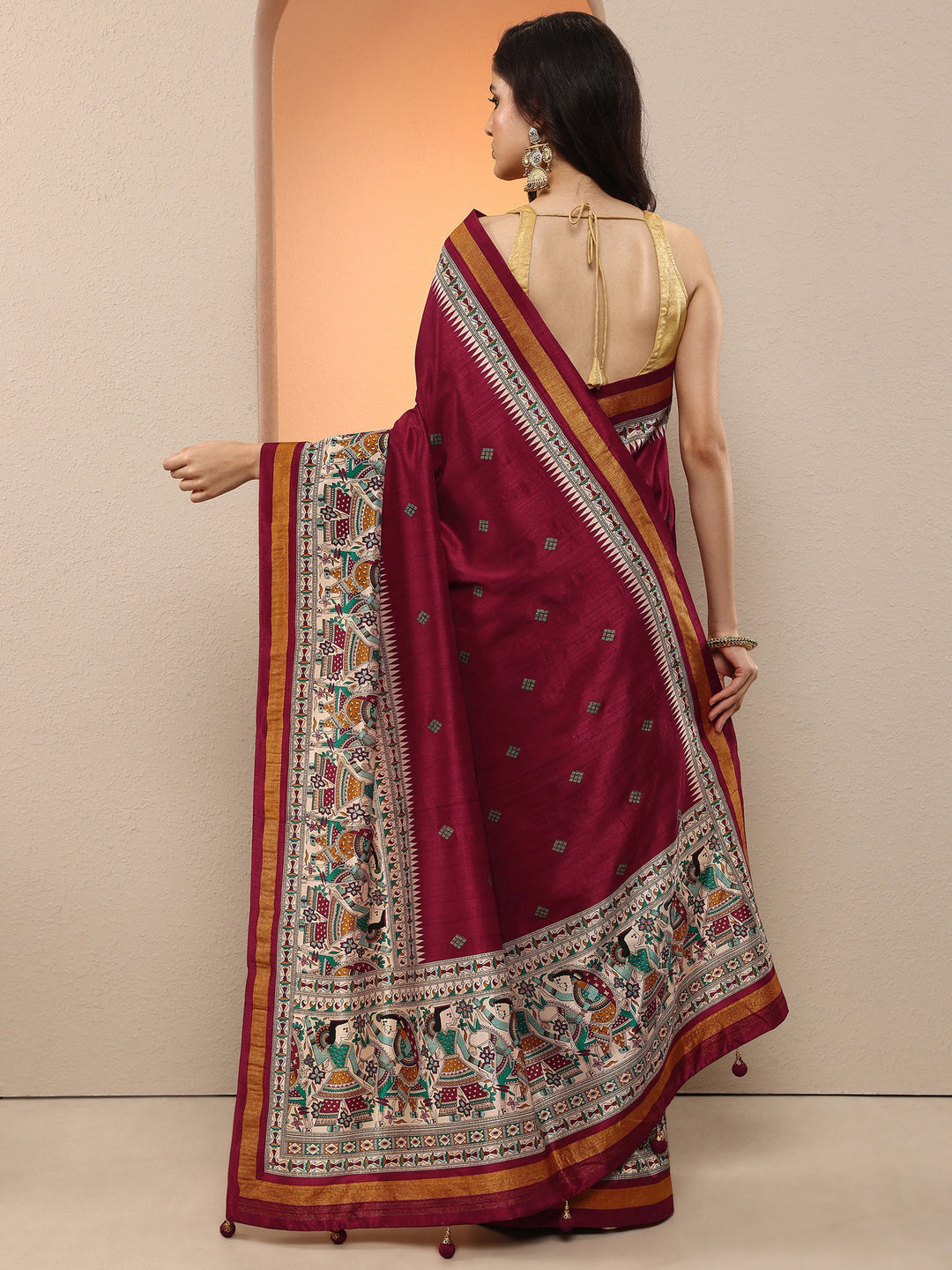Maroon Printed Silk Blend Saree With Unstitched Blouse Piece