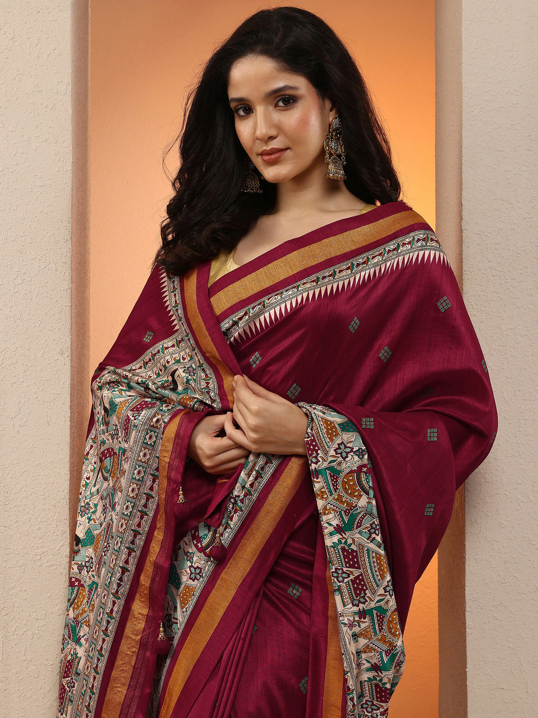 Maroon Printed Silk Blend Saree With Unstitched Blouse Piece