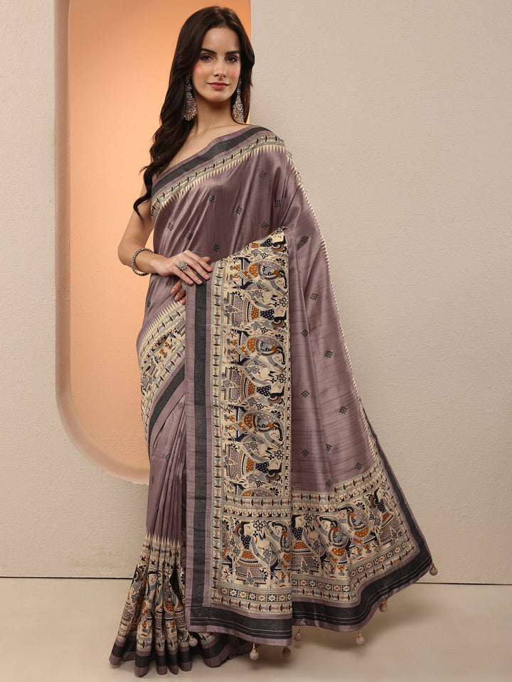 Mauve Printed Silk Blend Saree With Unstitched Blouse Piece