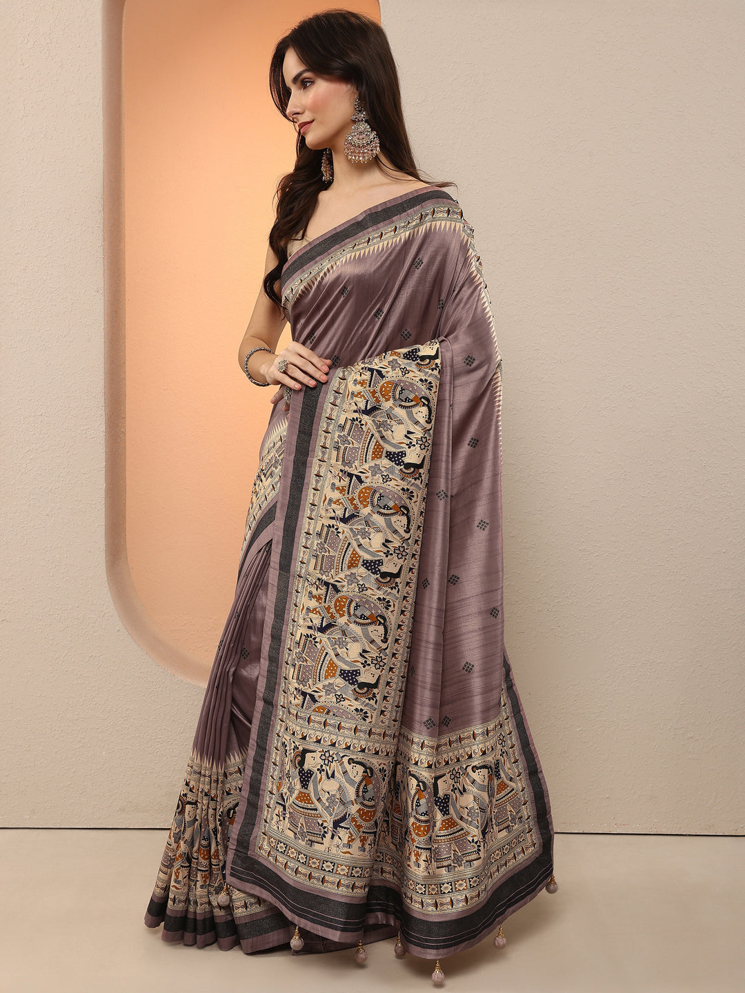 Mauve Printed Silk Blend Saree With Unstitched Blouse Piece