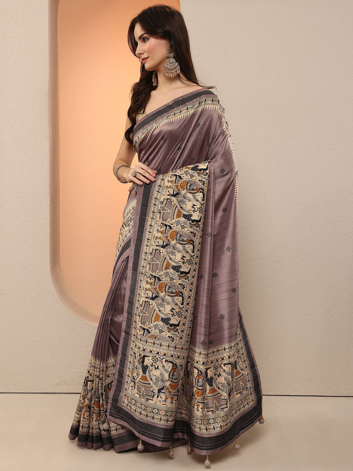 Mauve Printed Silk Blend Saree With Unstitched Blouse Piece