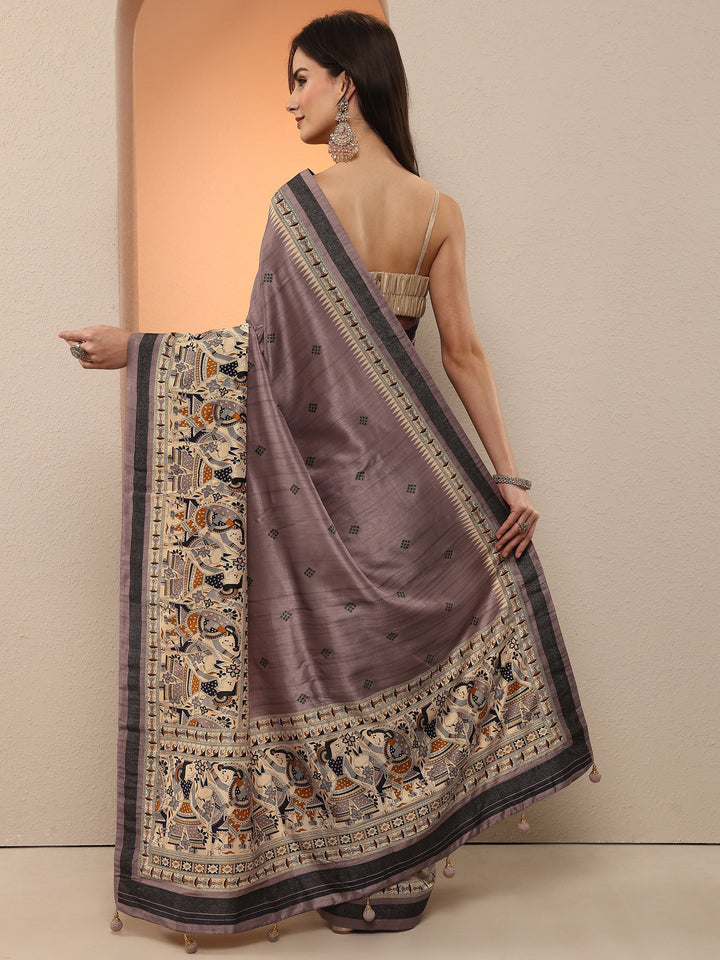 Mauve Printed Silk Blend Saree With Unstitched Blouse Piece