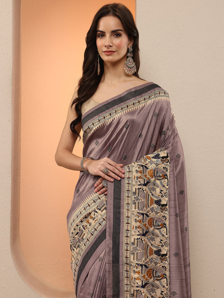 Mauve Printed Silk Blend Saree With Unstitched Blouse Piece
