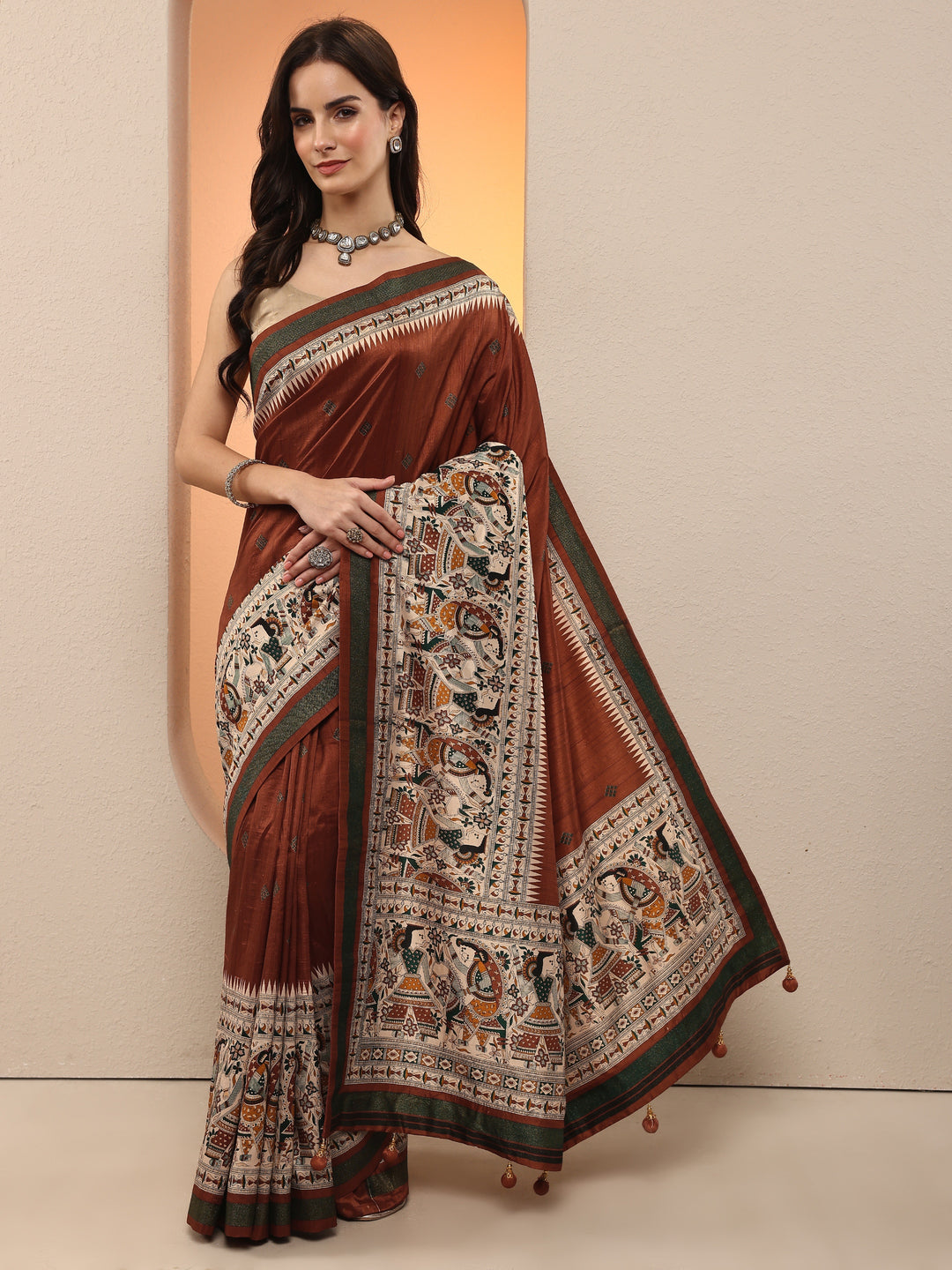 Rust Printed Silk Blend Saree With Unstitched Blouse Piece