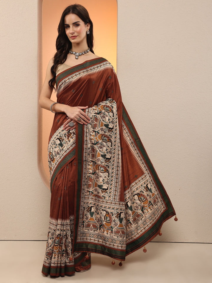 Rust Printed Silk Blend Saree With Unstitched Blouse Piece