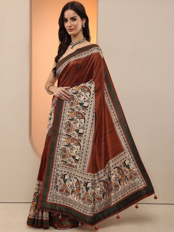 Rust Printed Silk Blend Saree With Unstitched Blouse Piece