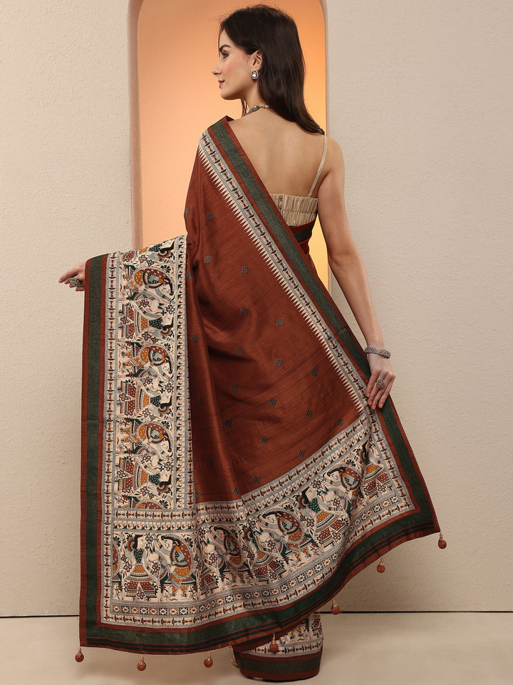 Rust Printed Silk Blend Saree With Unstitched Blouse Piece