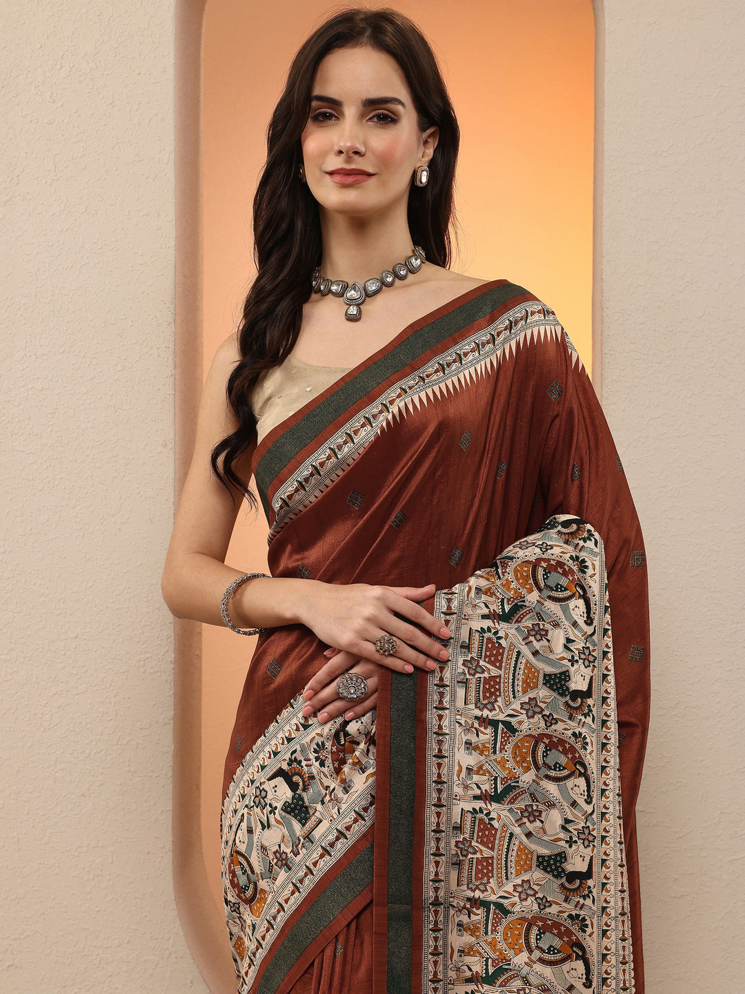 Rust Printed Silk Blend Saree With Unstitched Blouse Piece
