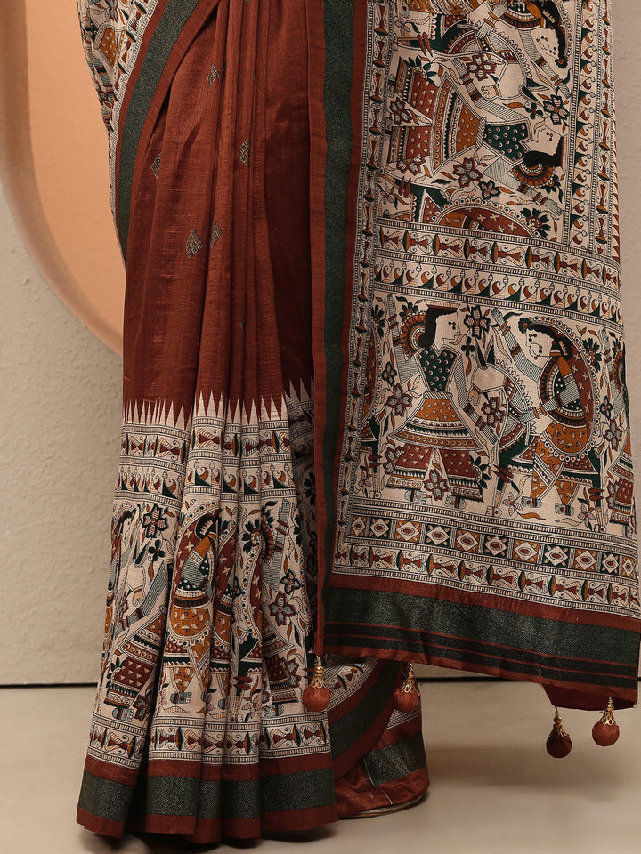 Rust Printed Silk Blend Saree With Unstitched Blouse Piece