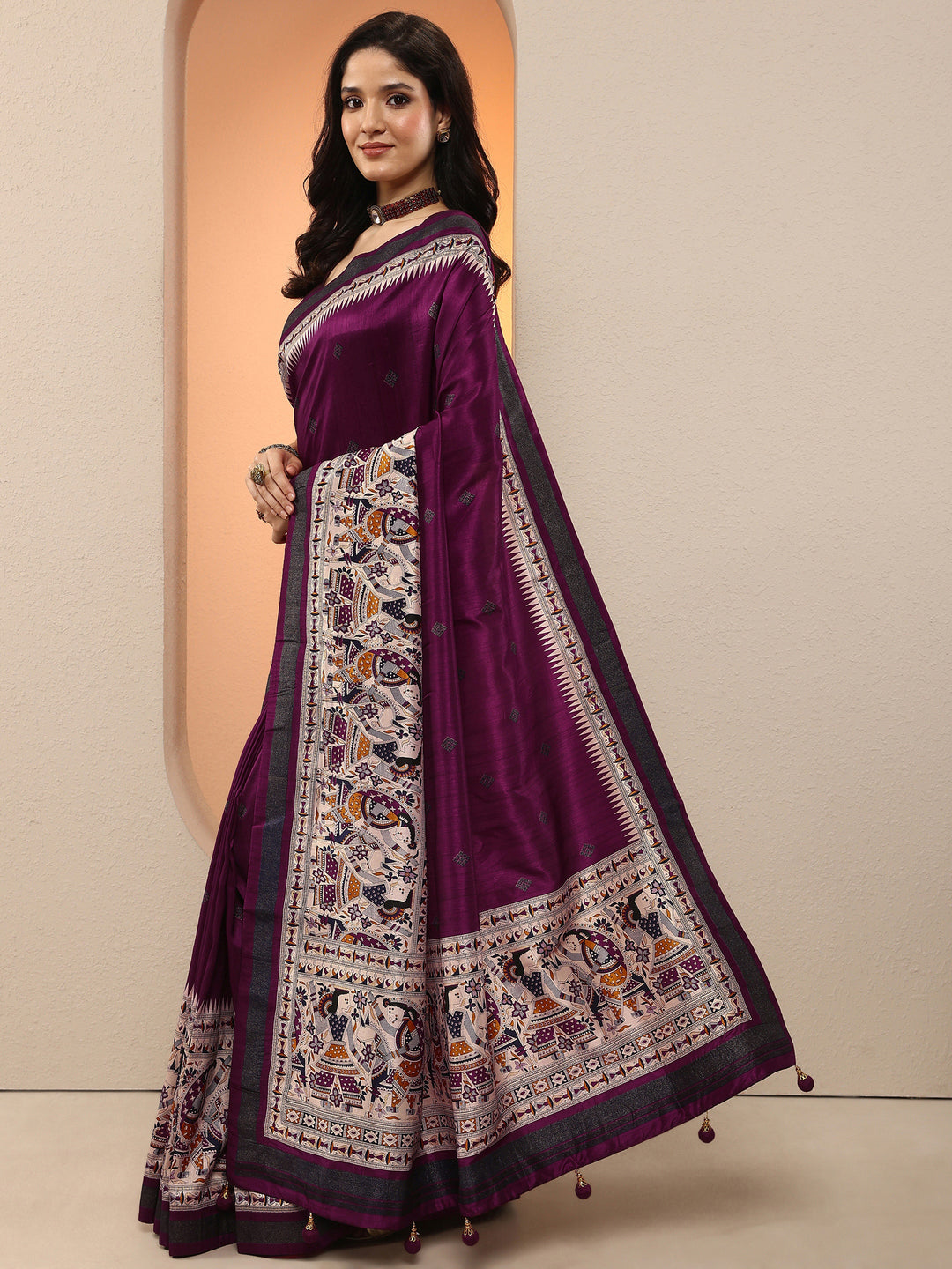 Burgundy Printed Silk Blend Saree With Unstitched Blouse Piece