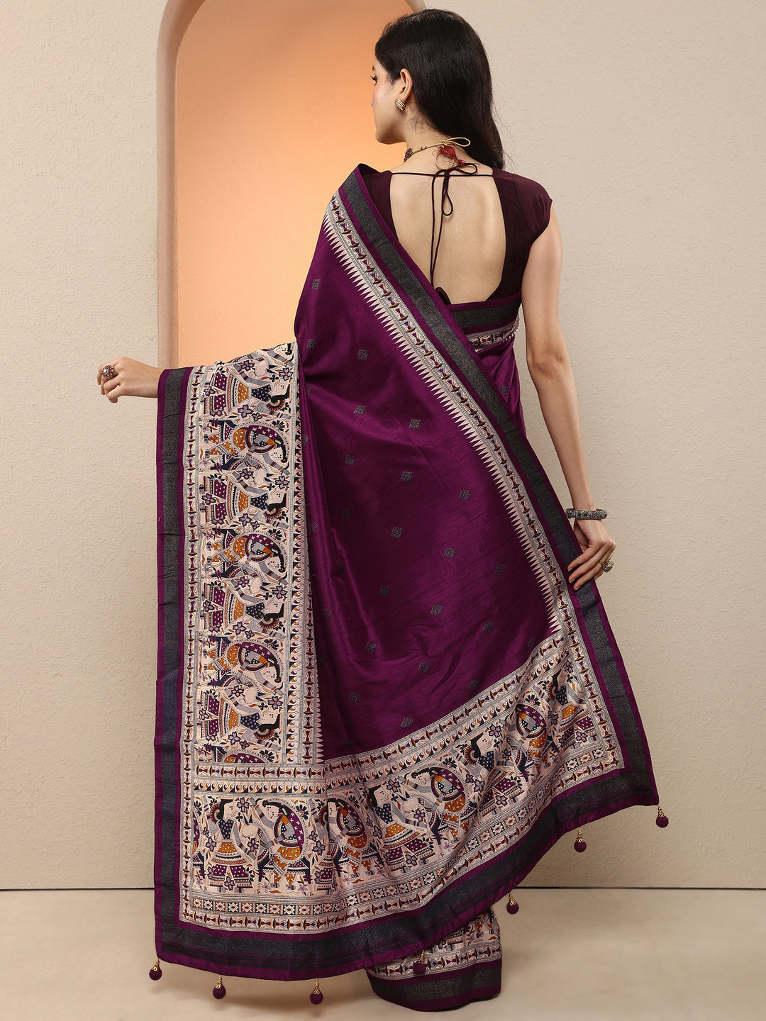 Burgundy Printed Silk Blend Saree With Unstitched Blouse Piece