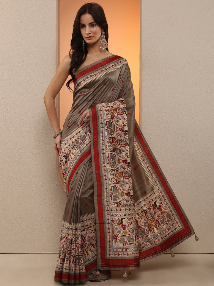 Grey Printed Silk Blend Saree With Unstitched Blouse Piece