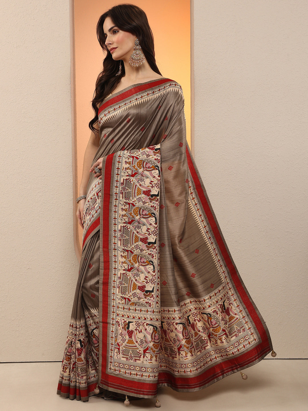 Grey Printed Silk Blend Saree With Unstitched Blouse Piece
