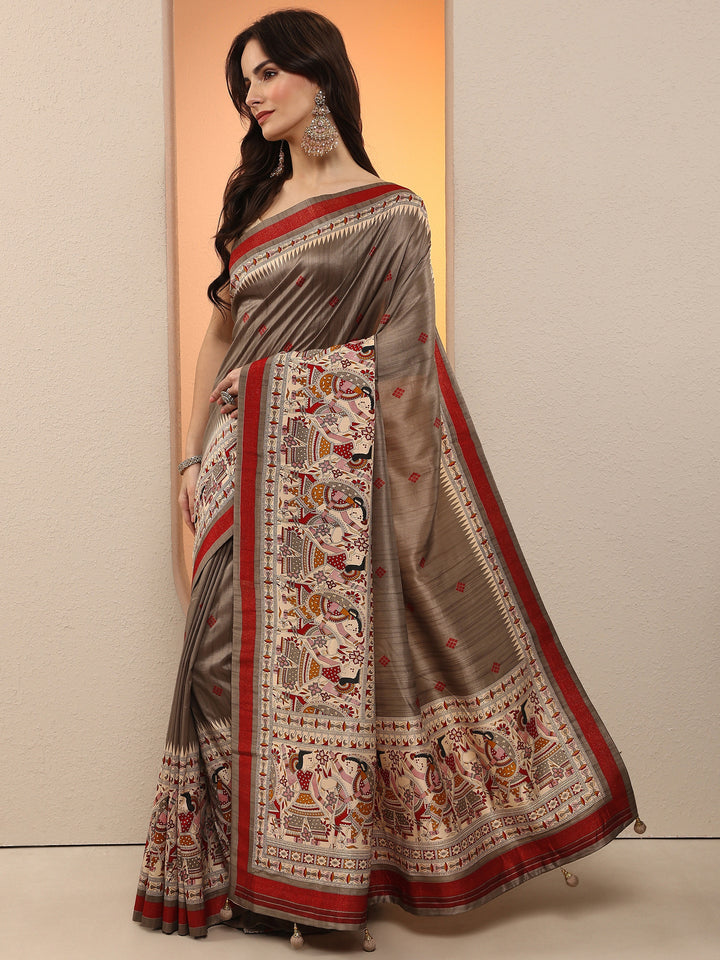 Grey Printed Silk Blend Saree With Unstitched Blouse Piece