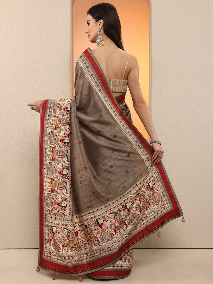 Grey Printed Silk Blend Saree With Unstitched Blouse Piece