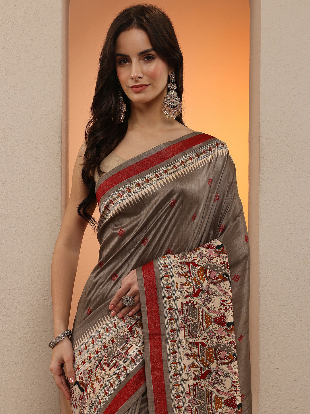 Grey Printed Silk Blend Saree With Unstitched Blouse Piece
