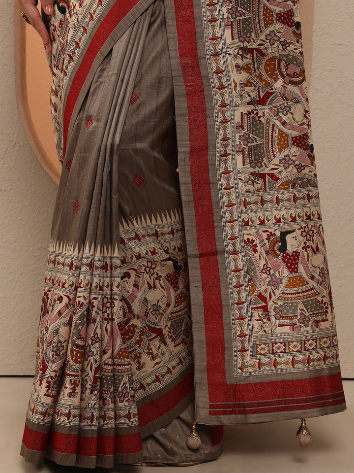 Grey Printed Silk Blend Saree With Unstitched Blouse Piece