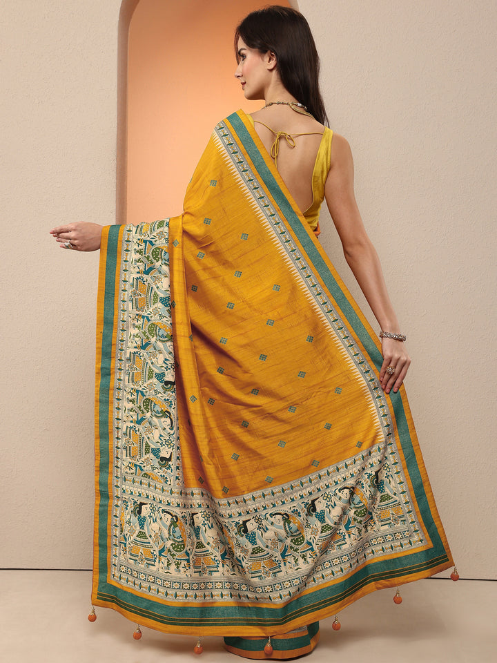 Mustard Printed Silk Blend Saree With Unstitched Blouse Piece