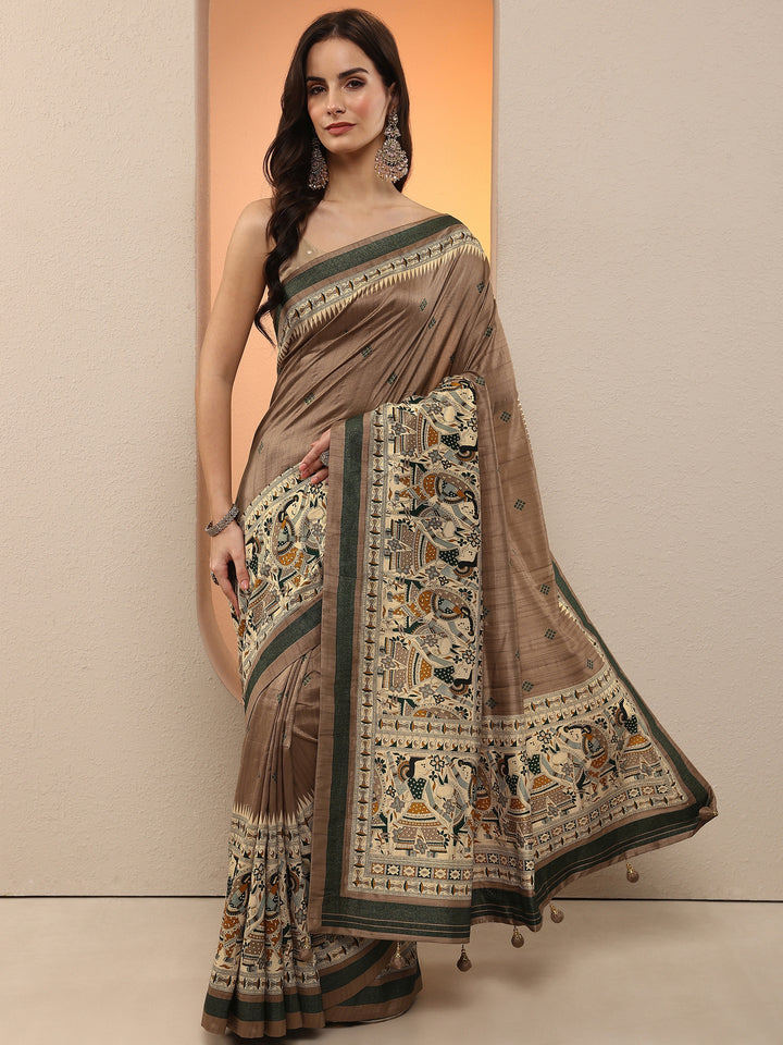 Taupe Printed Silk Blend Saree With Unstitched Blouse Piece