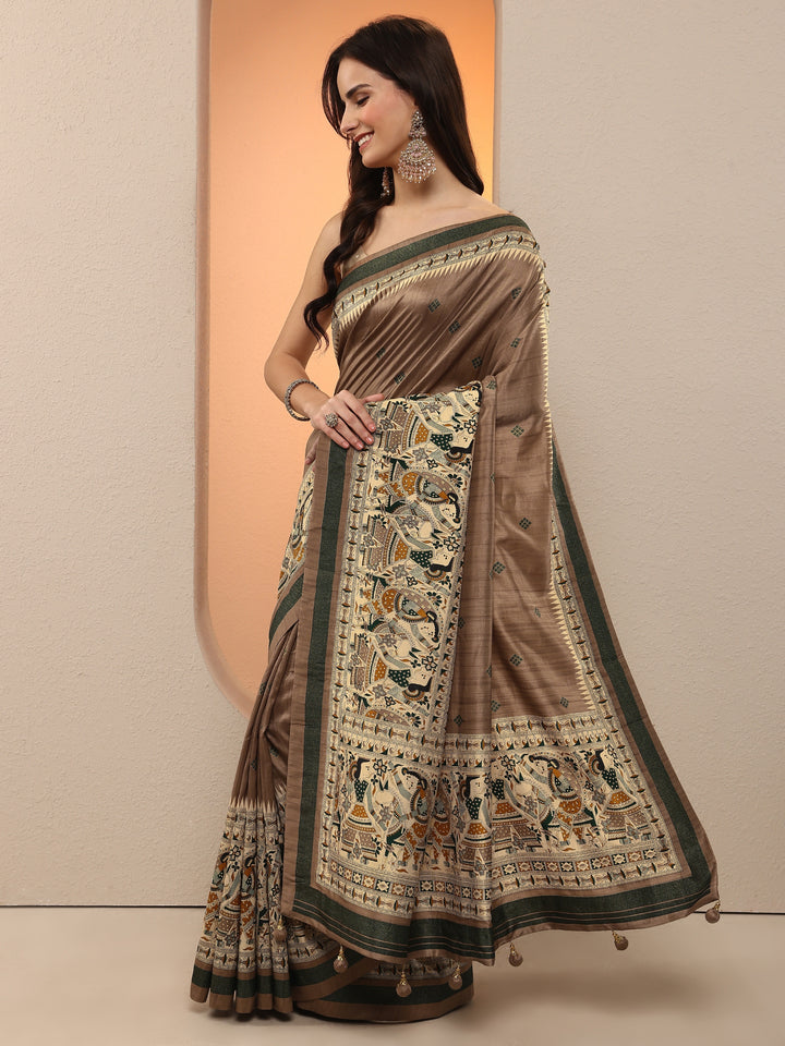 Taupe Printed Silk Blend Saree With Unstitched Blouse Piece