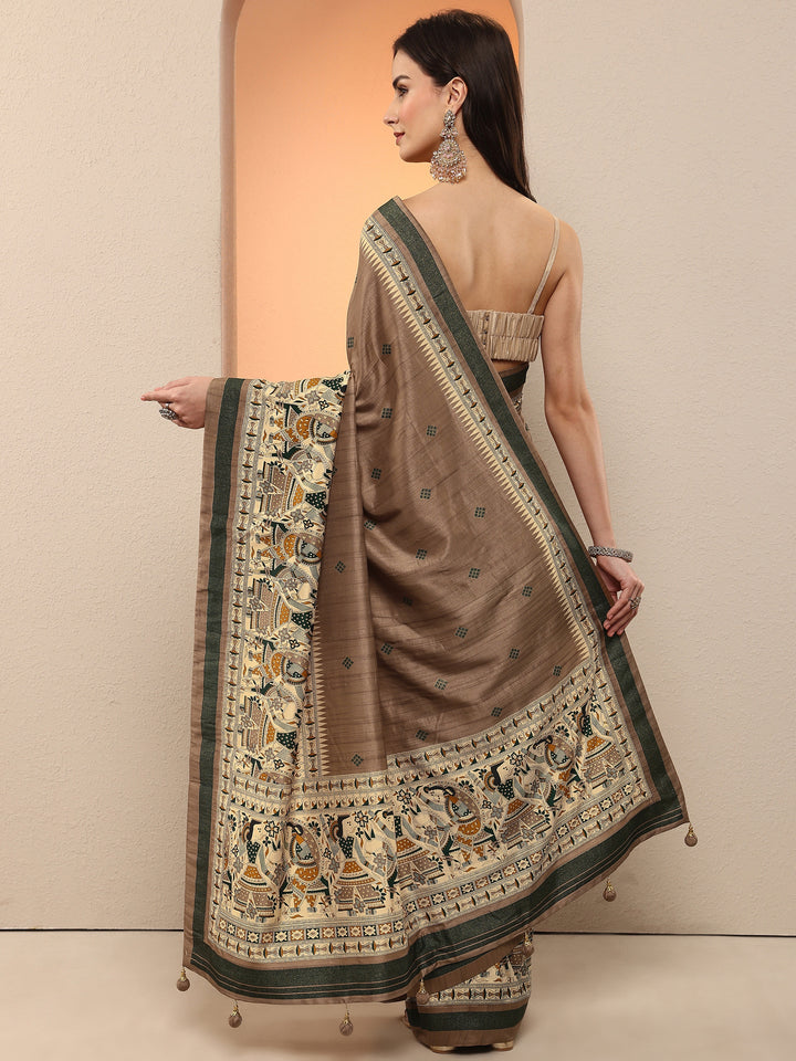 Taupe Printed Silk Blend Saree With Unstitched Blouse Piece