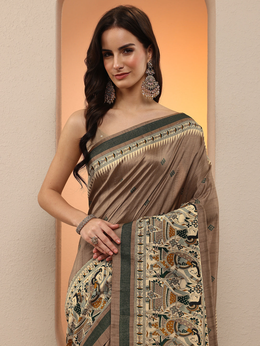 Taupe Printed Silk Blend Saree With Unstitched Blouse Piece