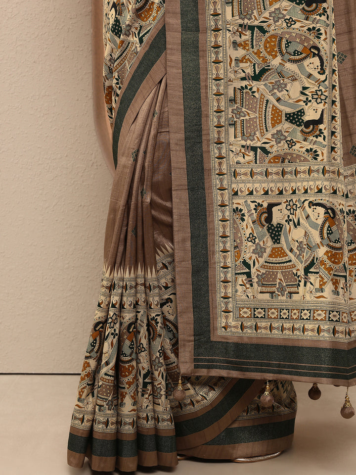 Taupe Printed Silk Blend Saree With Unstitched Blouse Piece