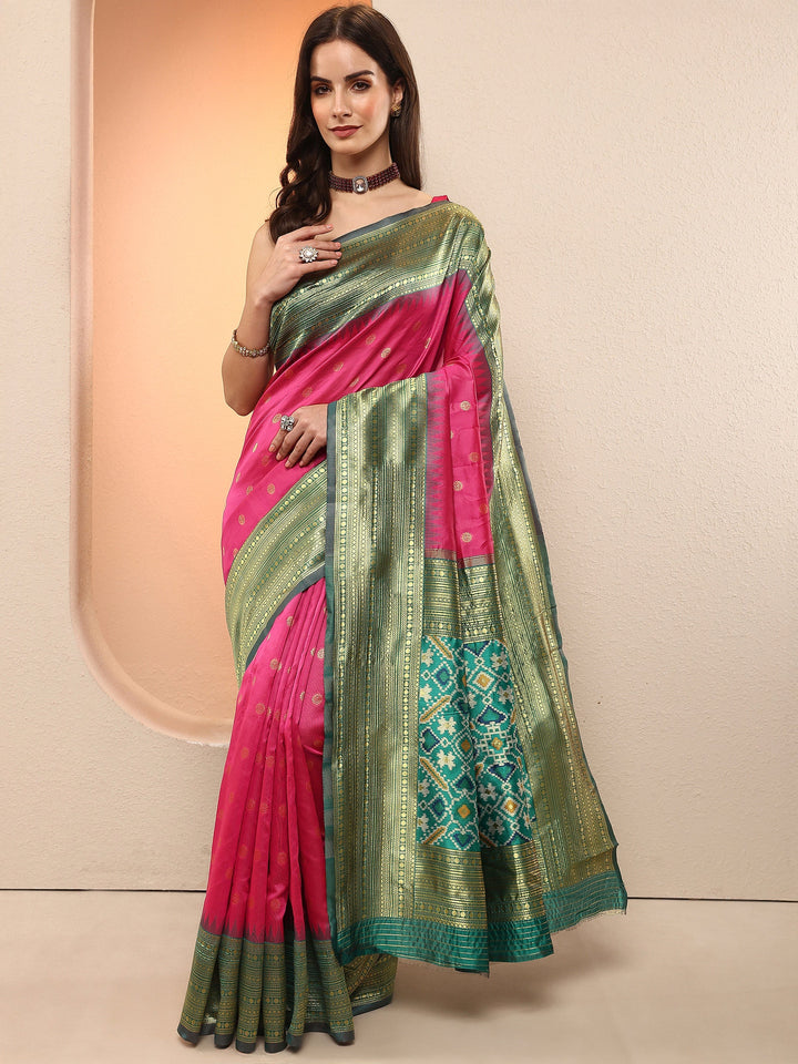 Pink Woven Design Silk Blend Sarees With Unstitched Blouse Piece