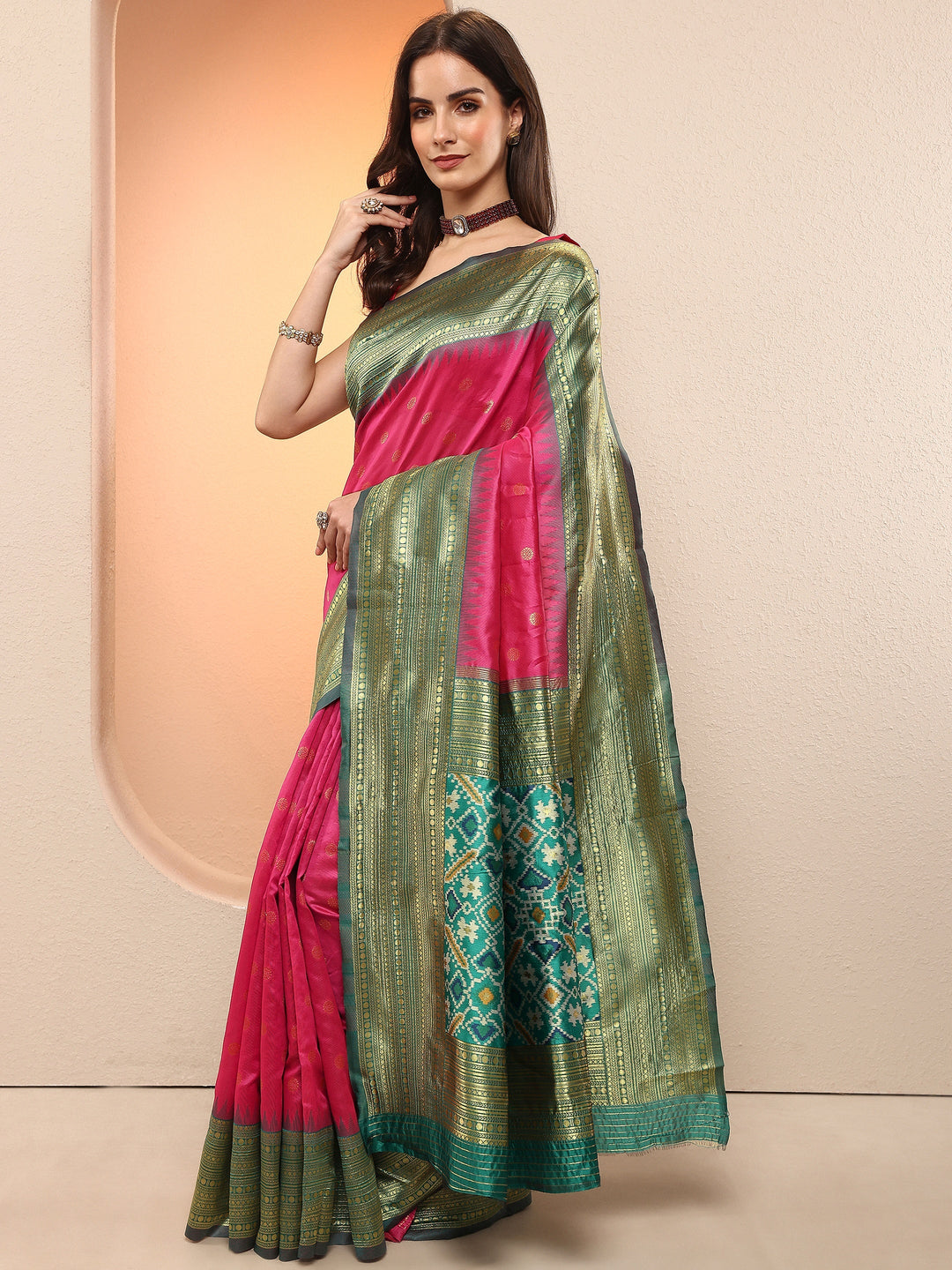 Pink Woven Design Silk Blend Sarees With Unstitched Blouse Piece