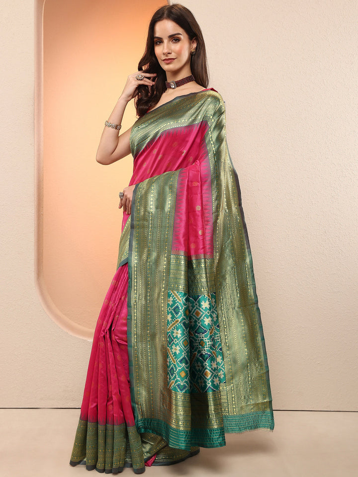 Pink Woven Design Silk Blend Sarees With Unstitched Blouse Piece