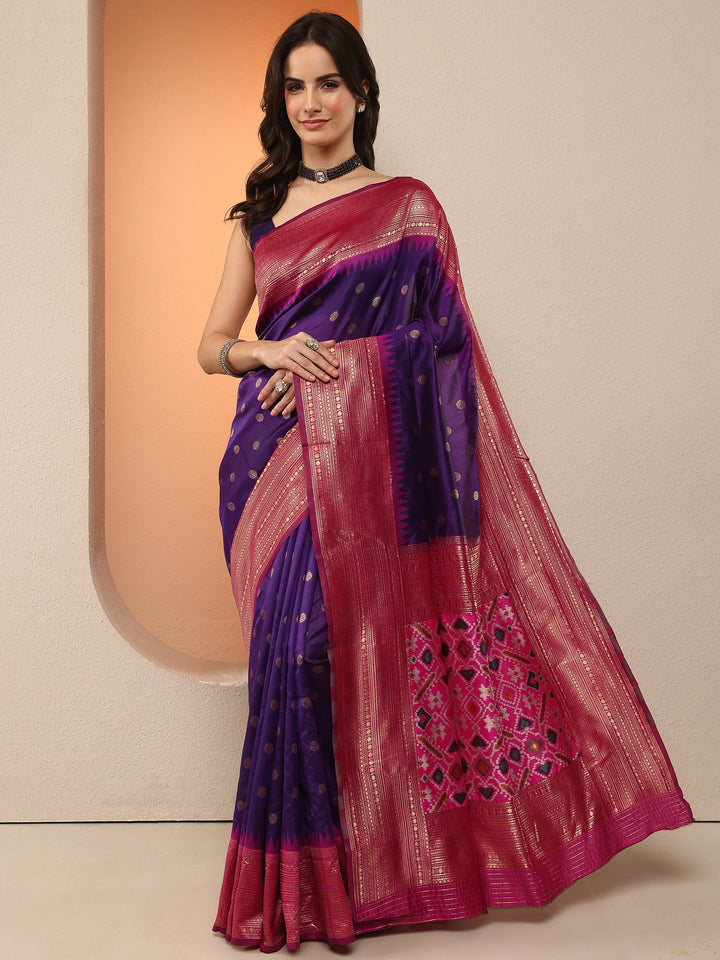 Purple Woven Design Silk Blend Saree With Unstitched Blouse Piece