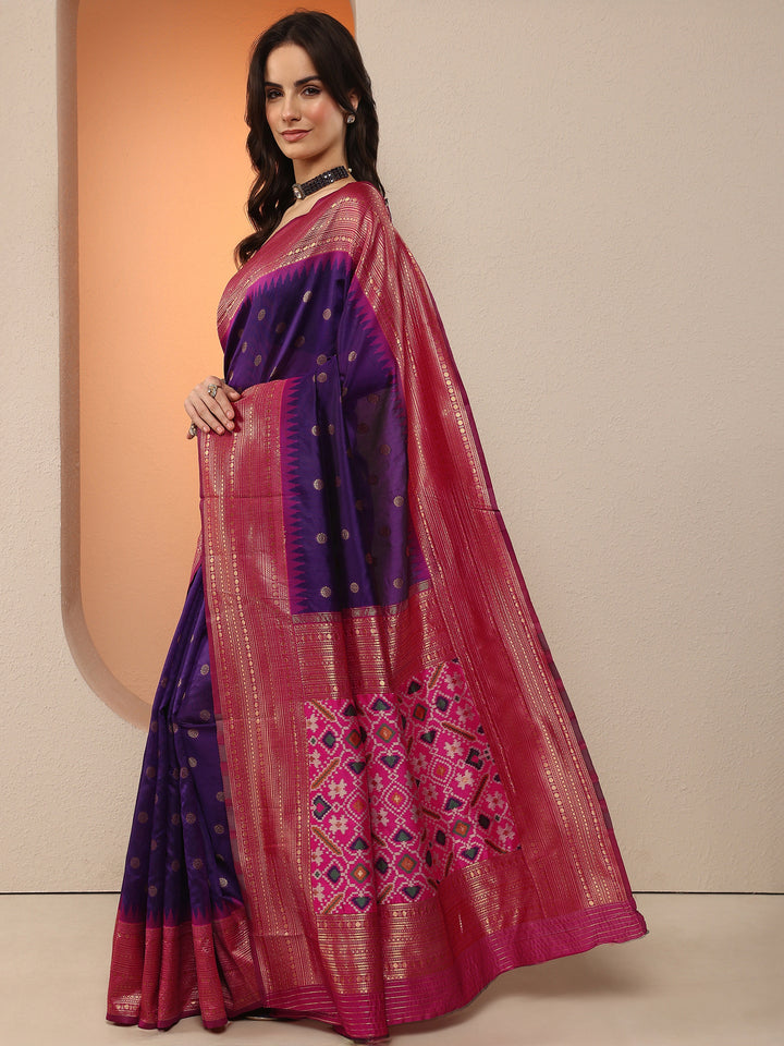 Purple Woven Design Silk Blend Saree With Unstitched Blouse Piece