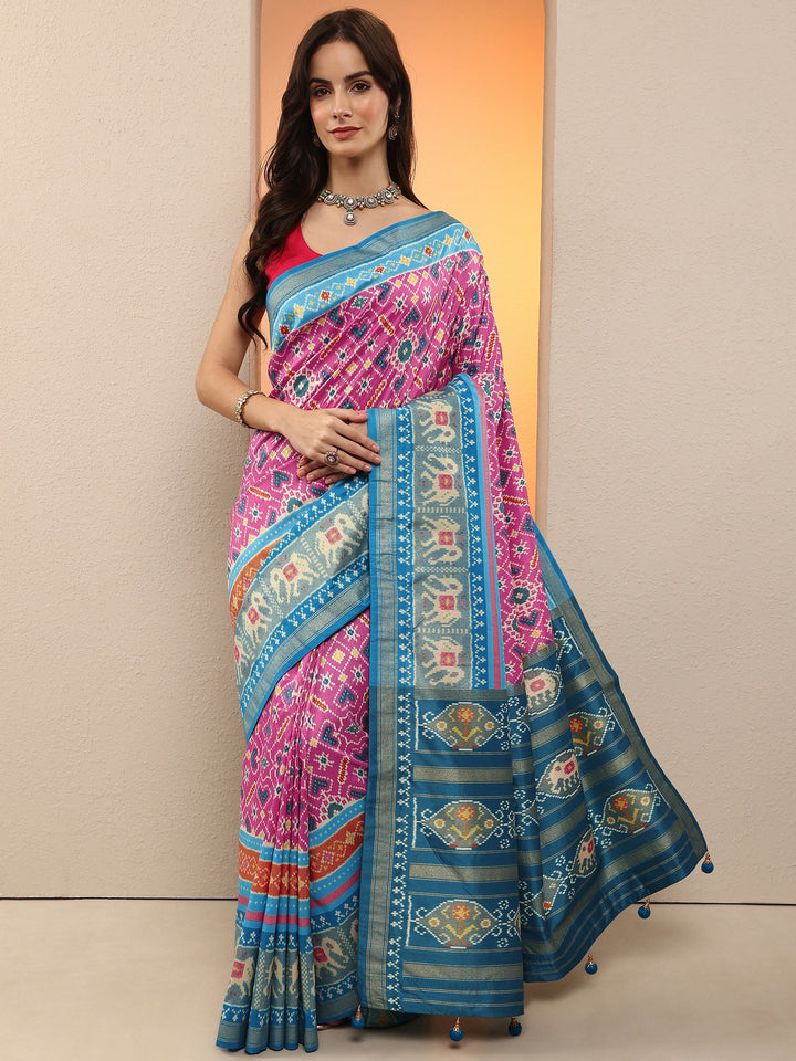 Pink Printed Silk Blend Saree With Unstitched Blouse Piece