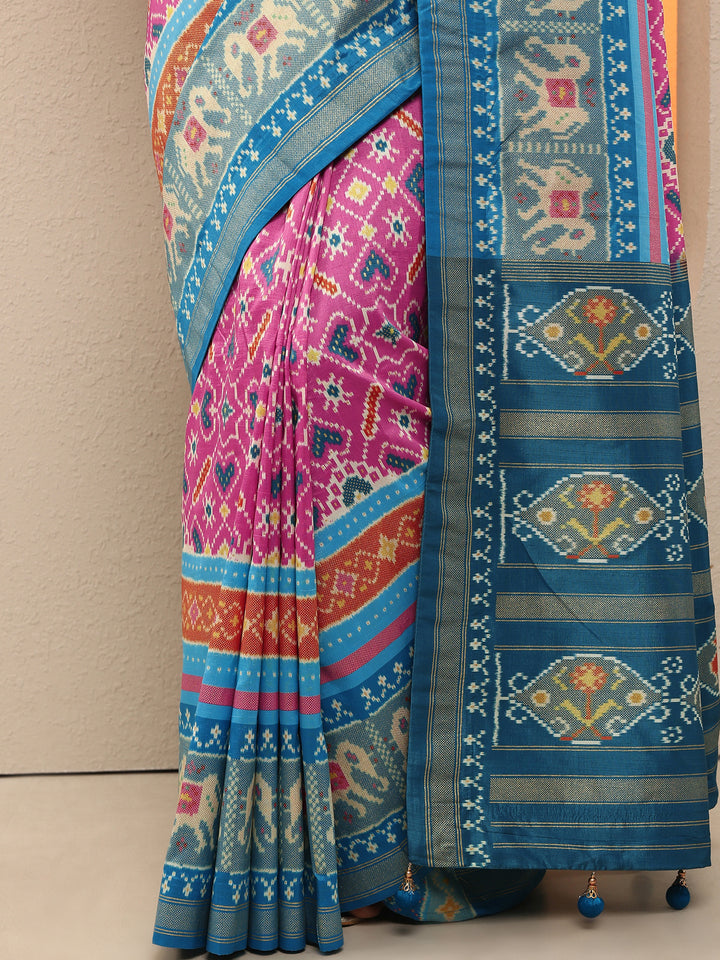 Pink Printed Silk Blend Saree With Unstitched Blouse Piece