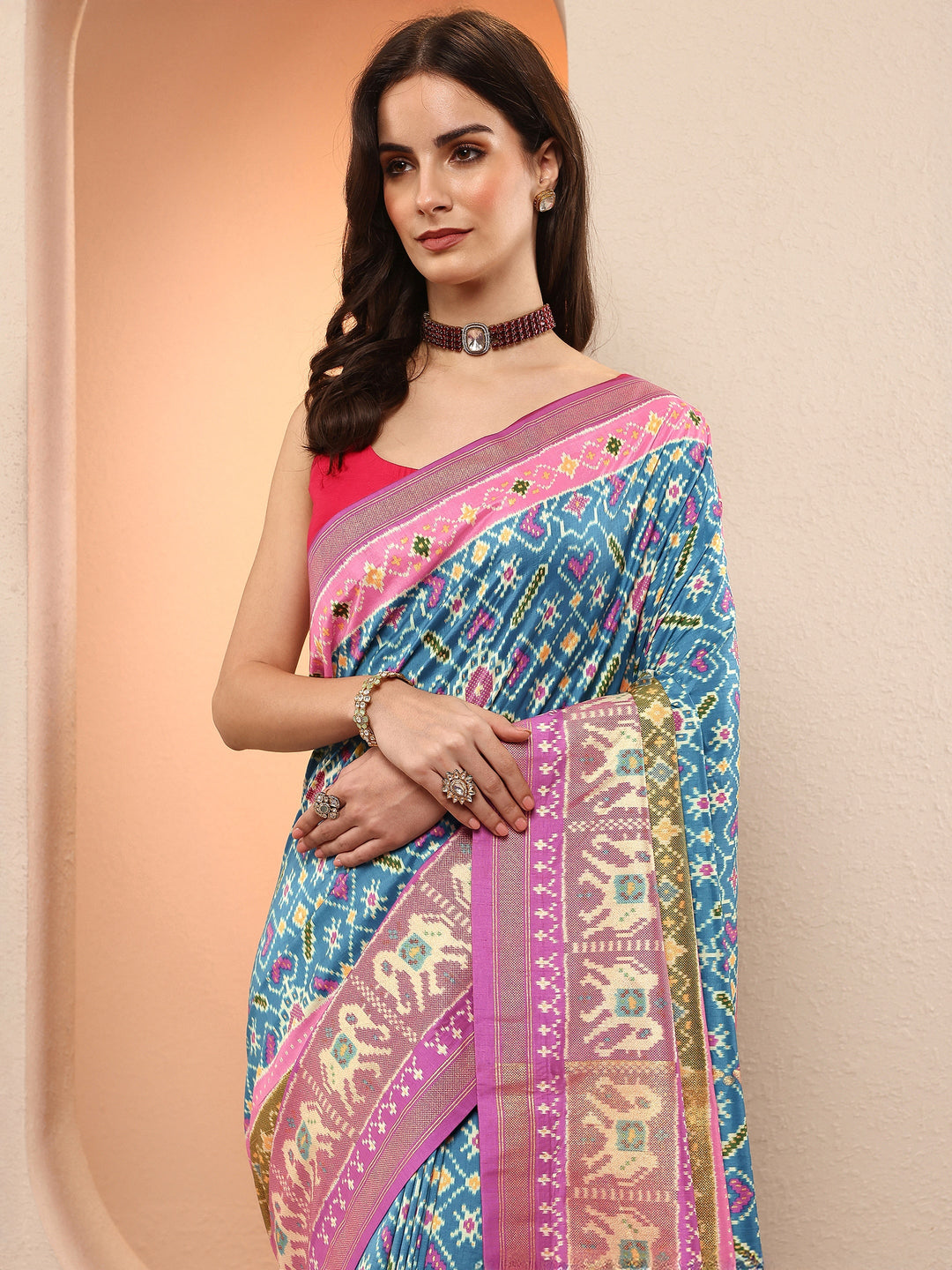 Blue Printed Silk Blend Sarees With Unstitched Blouse Piece