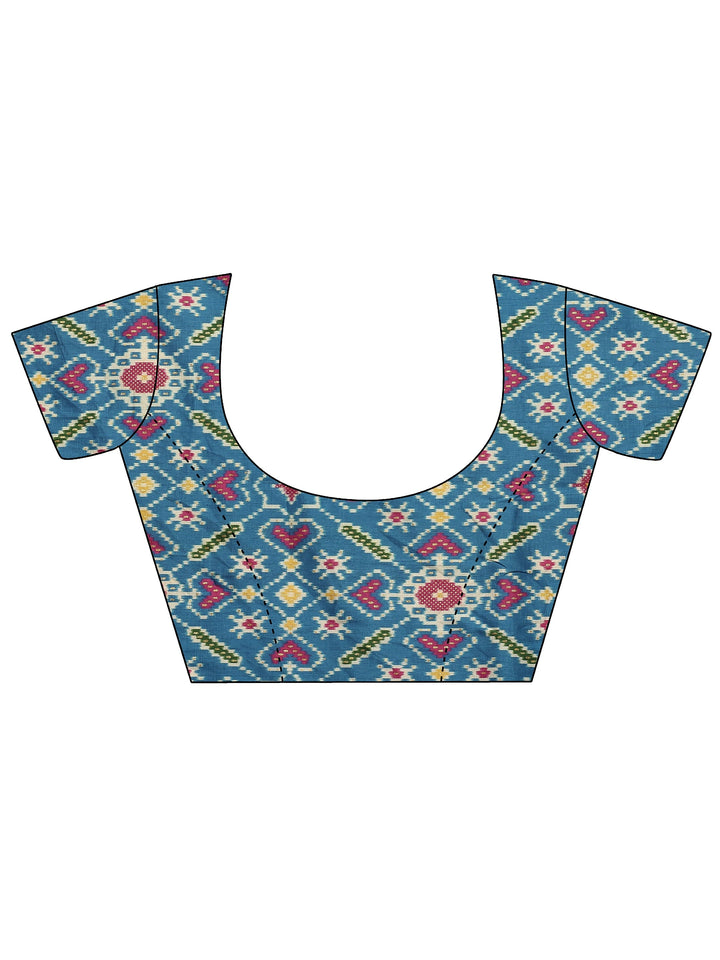 Blue Printed Silk Blend Sarees With Unstitched Blouse Piece