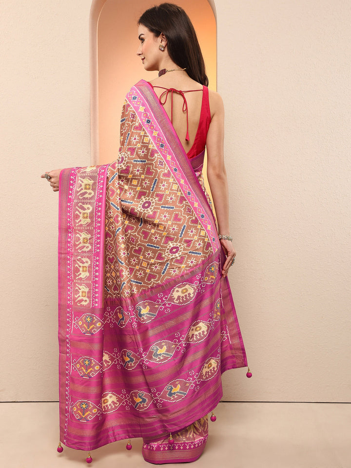 Mustard Printed Silk Blend Sarees With Unstitched Blouse Piece