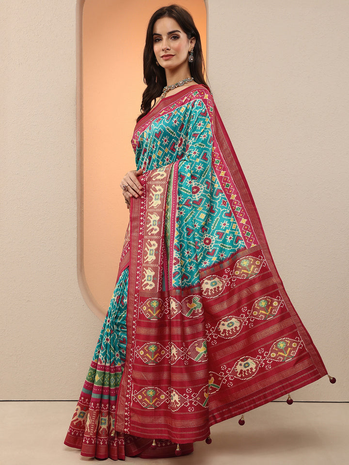 Blue Printed Silk Blend Saree With Unstitched Blouse Piece