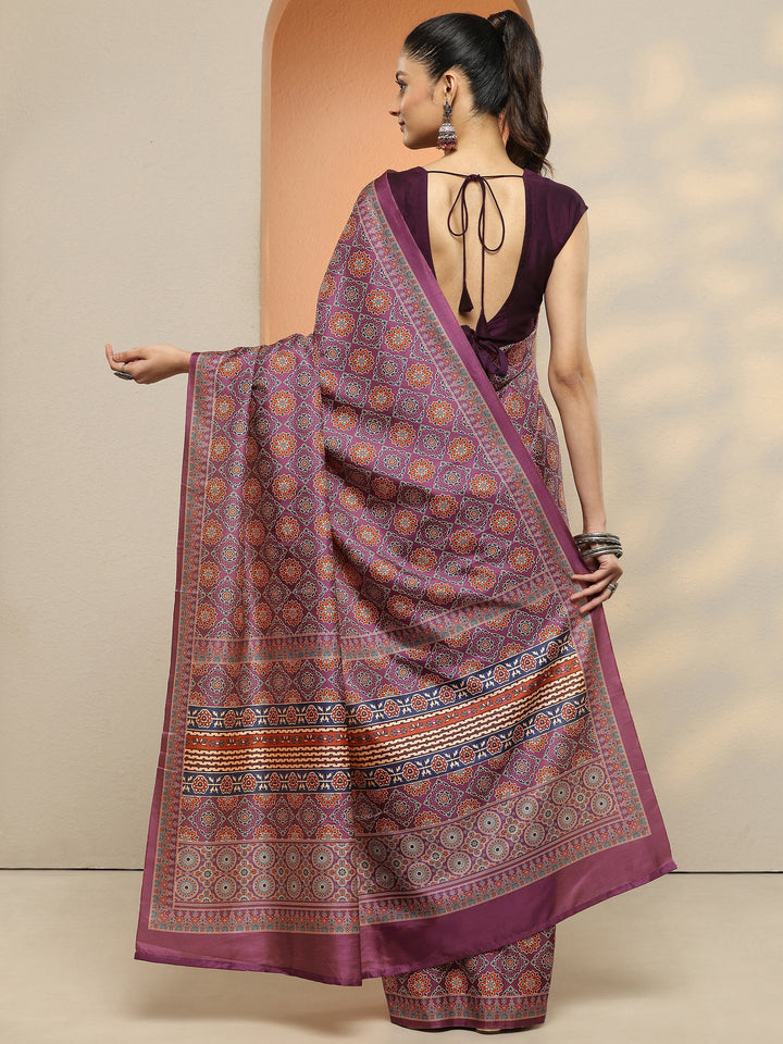 Mauve Printed Silk Blend Saree With Unstitched Blouse Piece