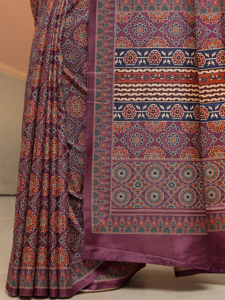 Mauve Printed Silk Blend Saree With Unstitched Blouse Piece