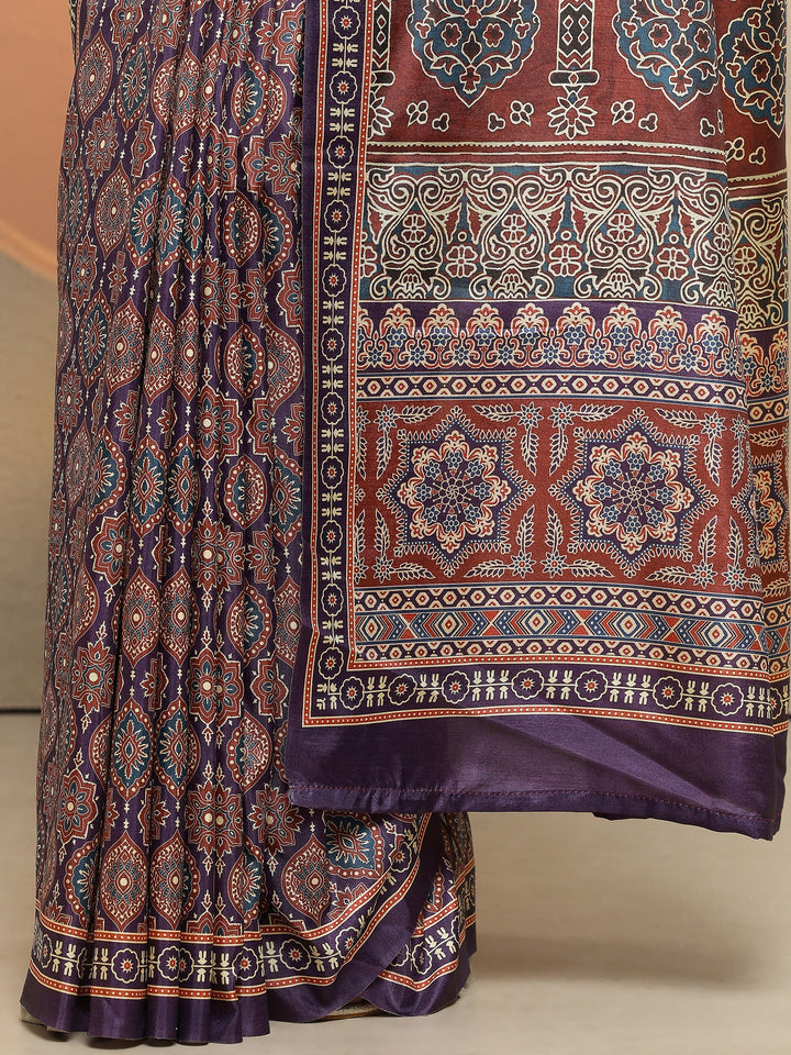 Purple Printed Silk Blend Saree With Unstitched Blouse Piece