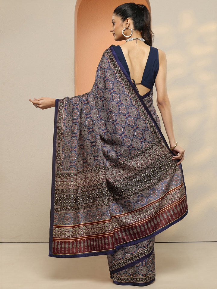 Navy Blue Printed Silk Blend Saree With Unstitched Blouse Piece