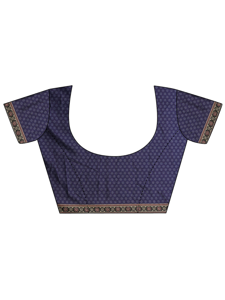Navy Blue Printed Silk Blend Saree With Unstitched Blouse Piece