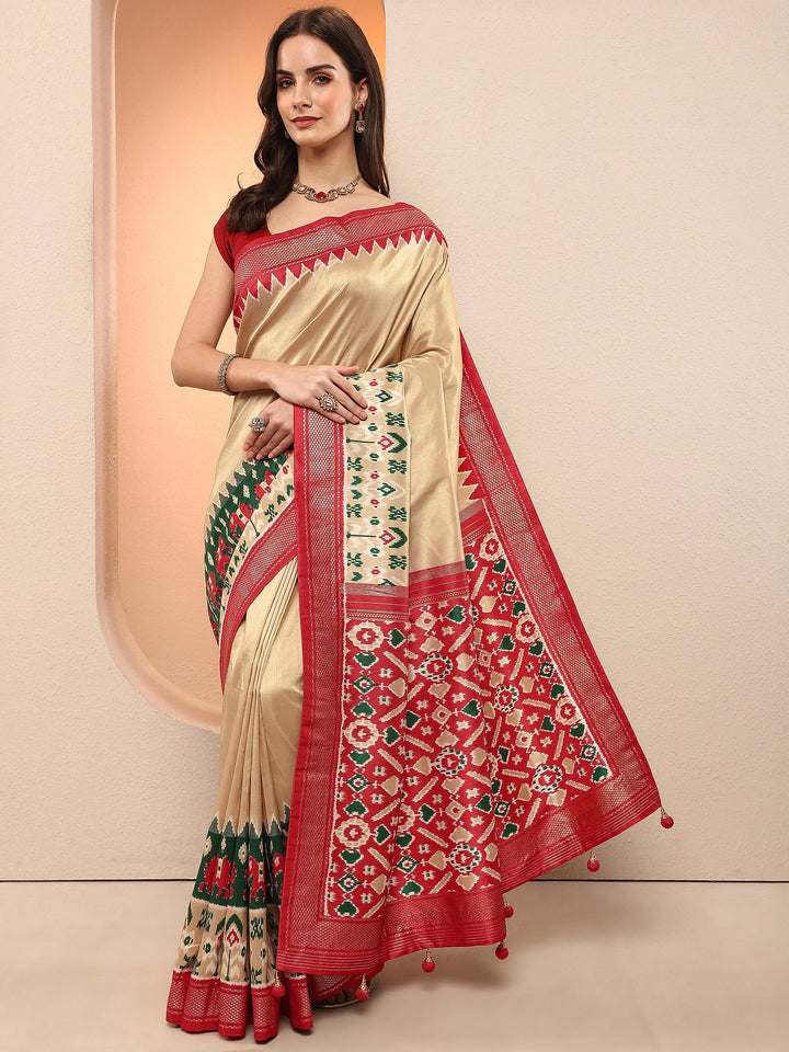 Gold Printed Silk Blend Sarees With Unstitched Blouse Piece